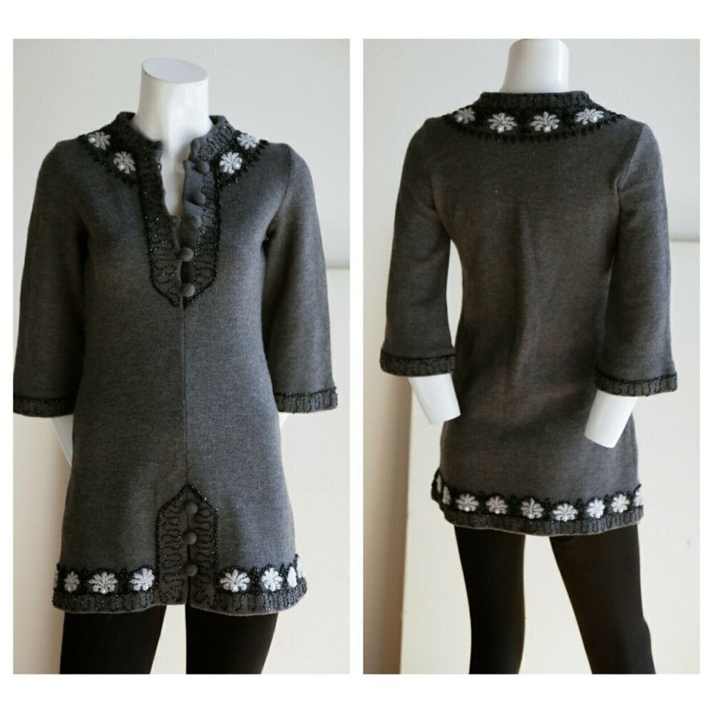 Vintage A line Wool Knit Beaded Floral Tunic or Mini Dress XS/S
